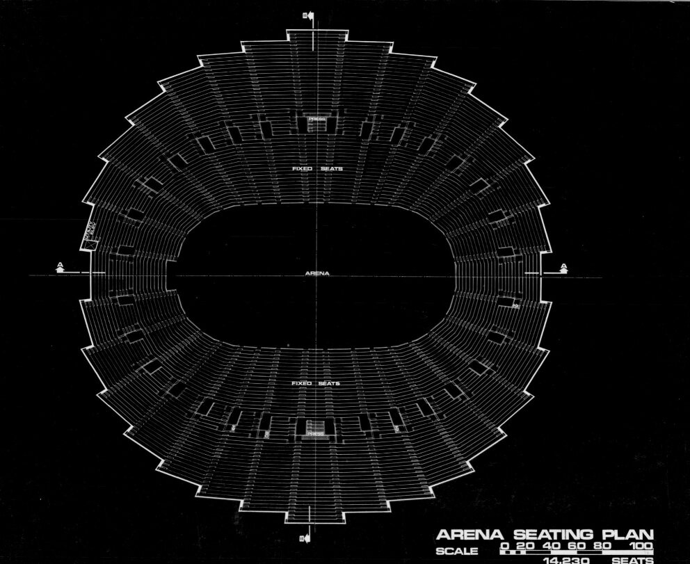 Arena seating plan following the oval shape of the events