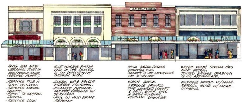 Proposed improvements drawing for a block of K Street storefronts