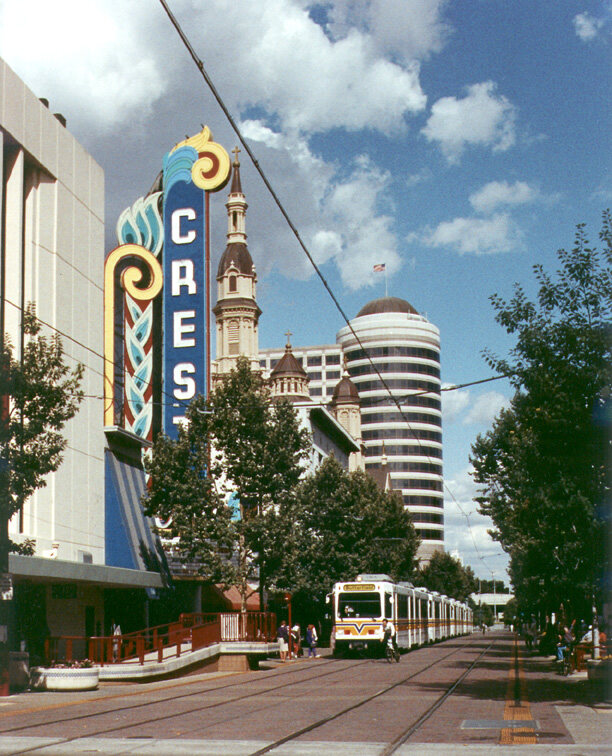 The restored Crest Theater and the K Street light rail