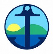 The City of Pittsburg logo: an anchor, clear sky, sun, green hills and blue water