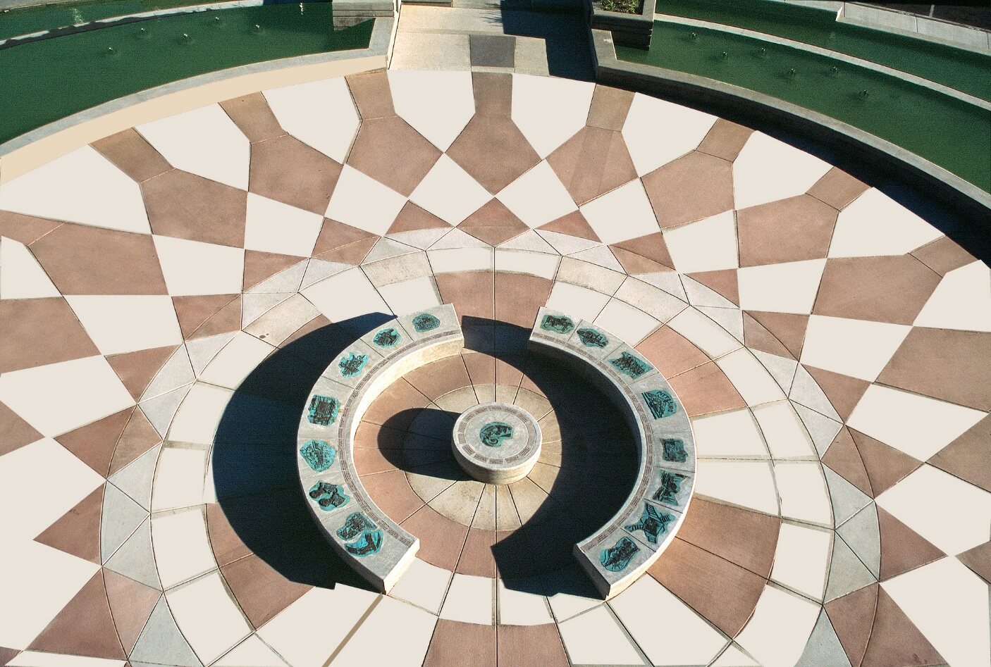 The center plaza paving and artwork, seen from above