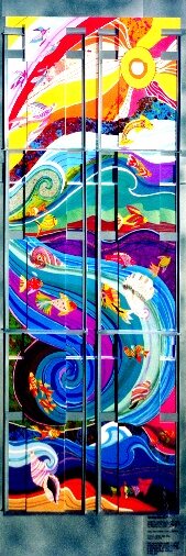 Mural of underwater ocean scenes in the lobby