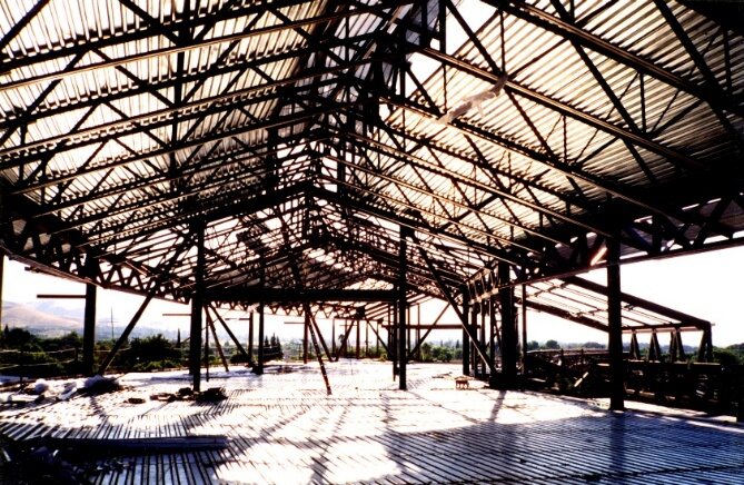 The exposed steel structure during construction