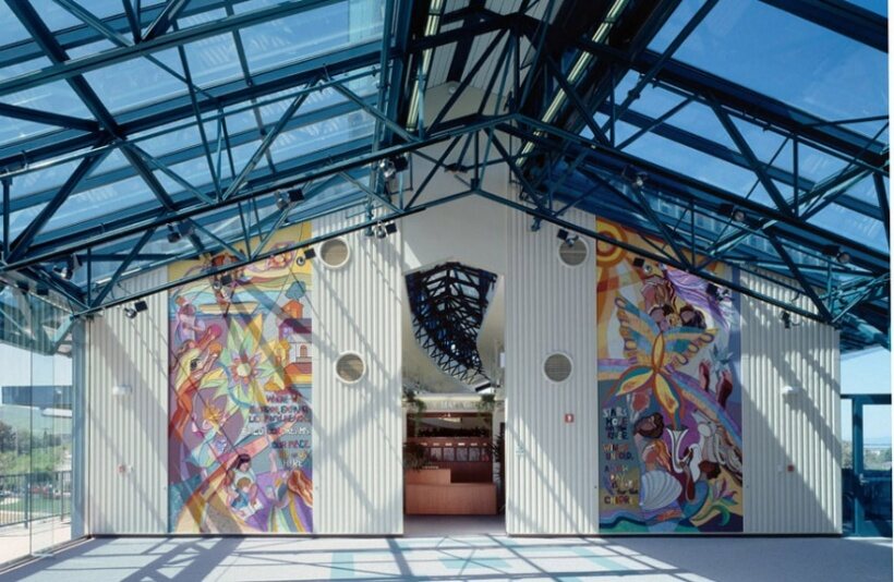 Murals and tapestries in the Civic Center lobby