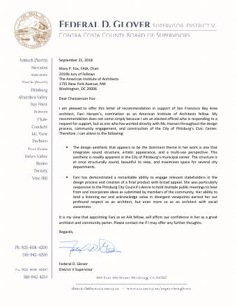 First page of letter: Federal Glover, Board of Supervisors, Contra Costa County