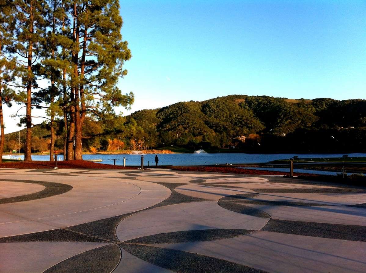 The plaza terrace at sunset, looking toward the lagoon