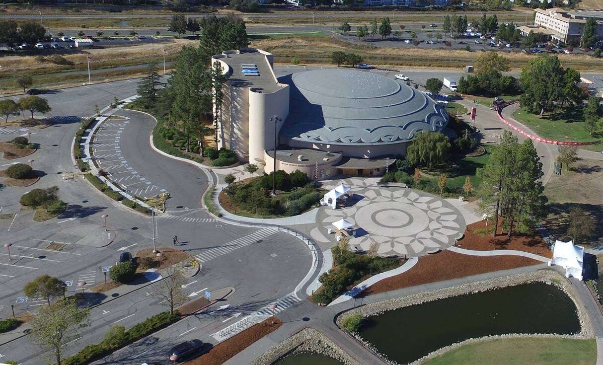 Aerial view of the forecourt plaza and the auditorium