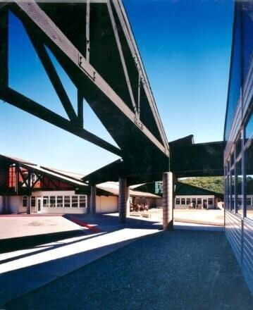 A covered walkway between classroom pavilions