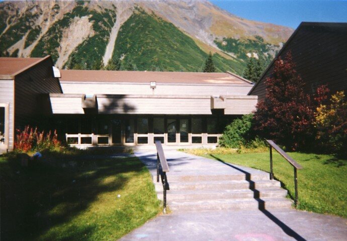 The school entrance walk with the mountains beyond