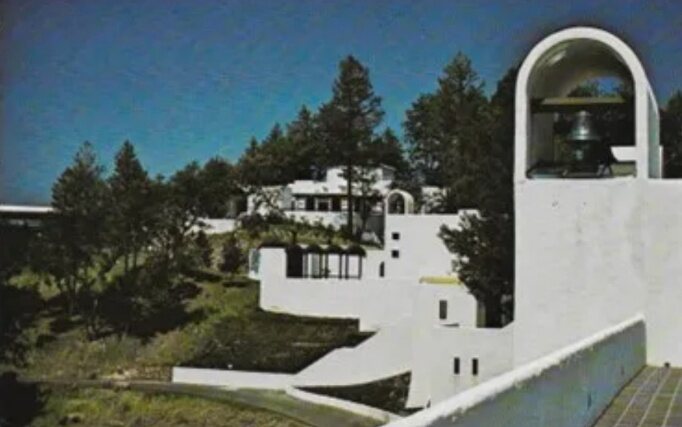 The winery's white bell tower overlooking the valley