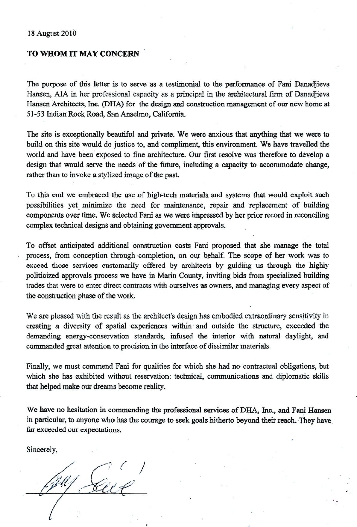 Letter of recommendation, Indian Rock House, August 2010