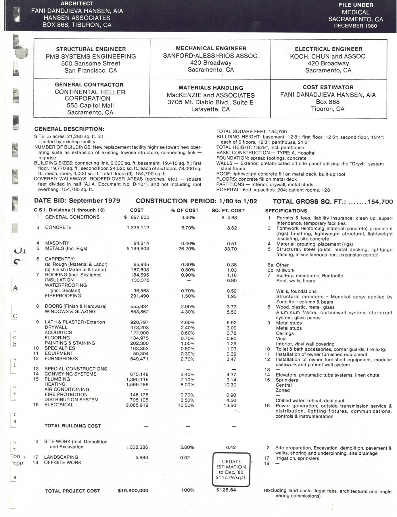 Project data and construction cost