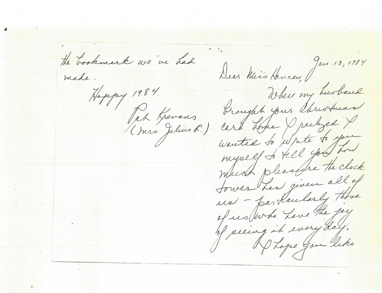 Handwritten note from Mrs. Julius R. Krevans, 1984