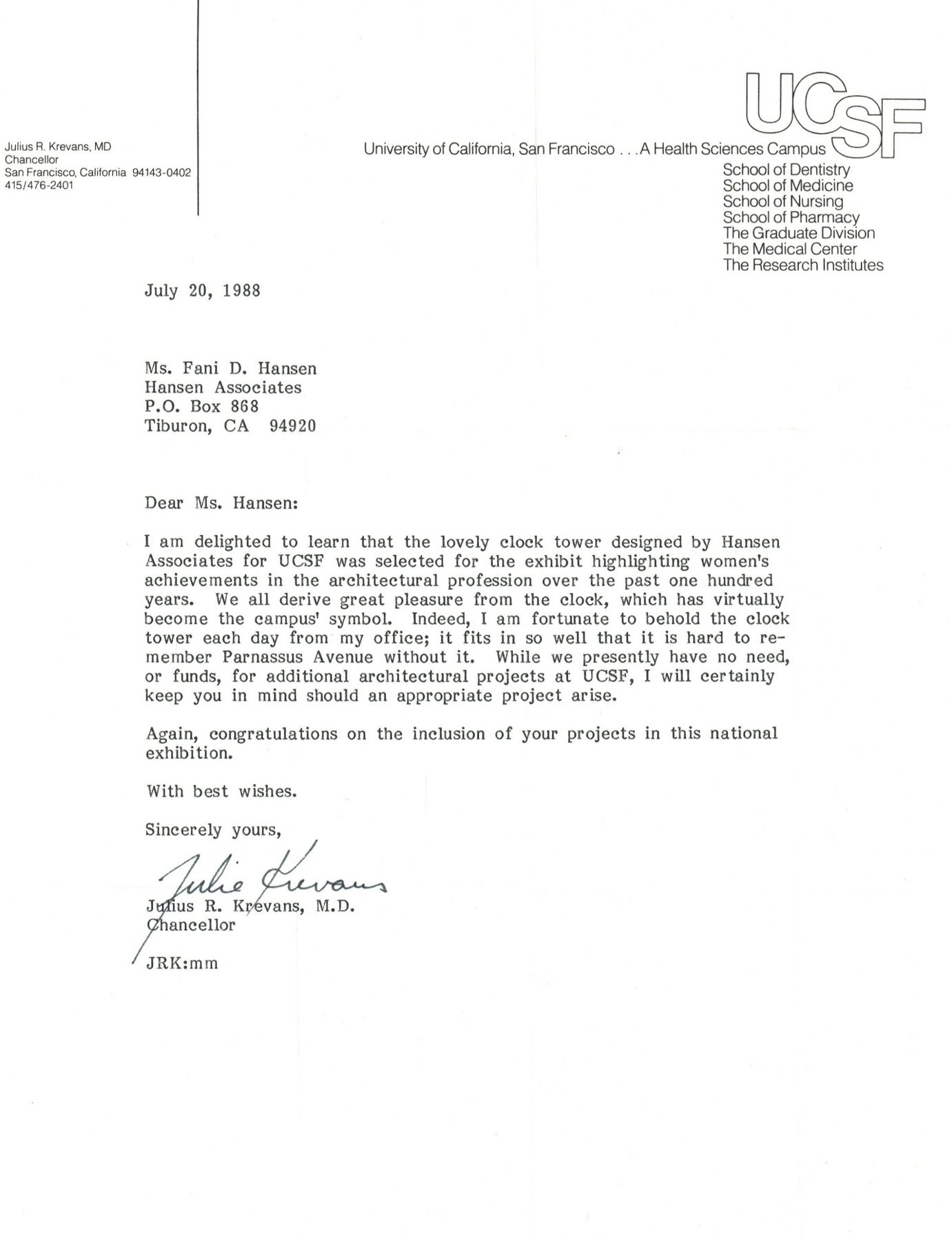 Letter from Chancellor Julius R. Krevans, July 1988