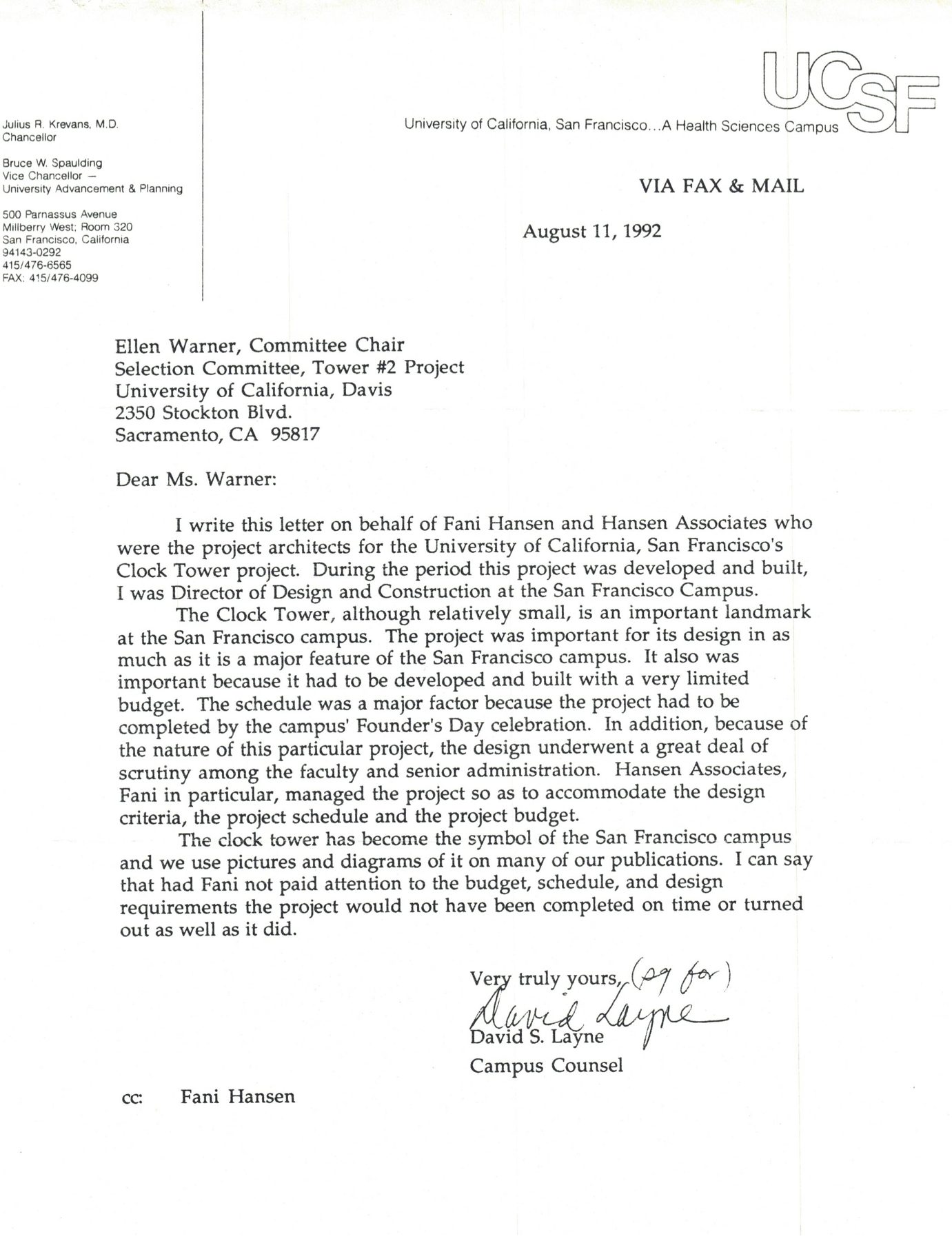 Letter to the Tower #2 Project Selection Committee, August 1992