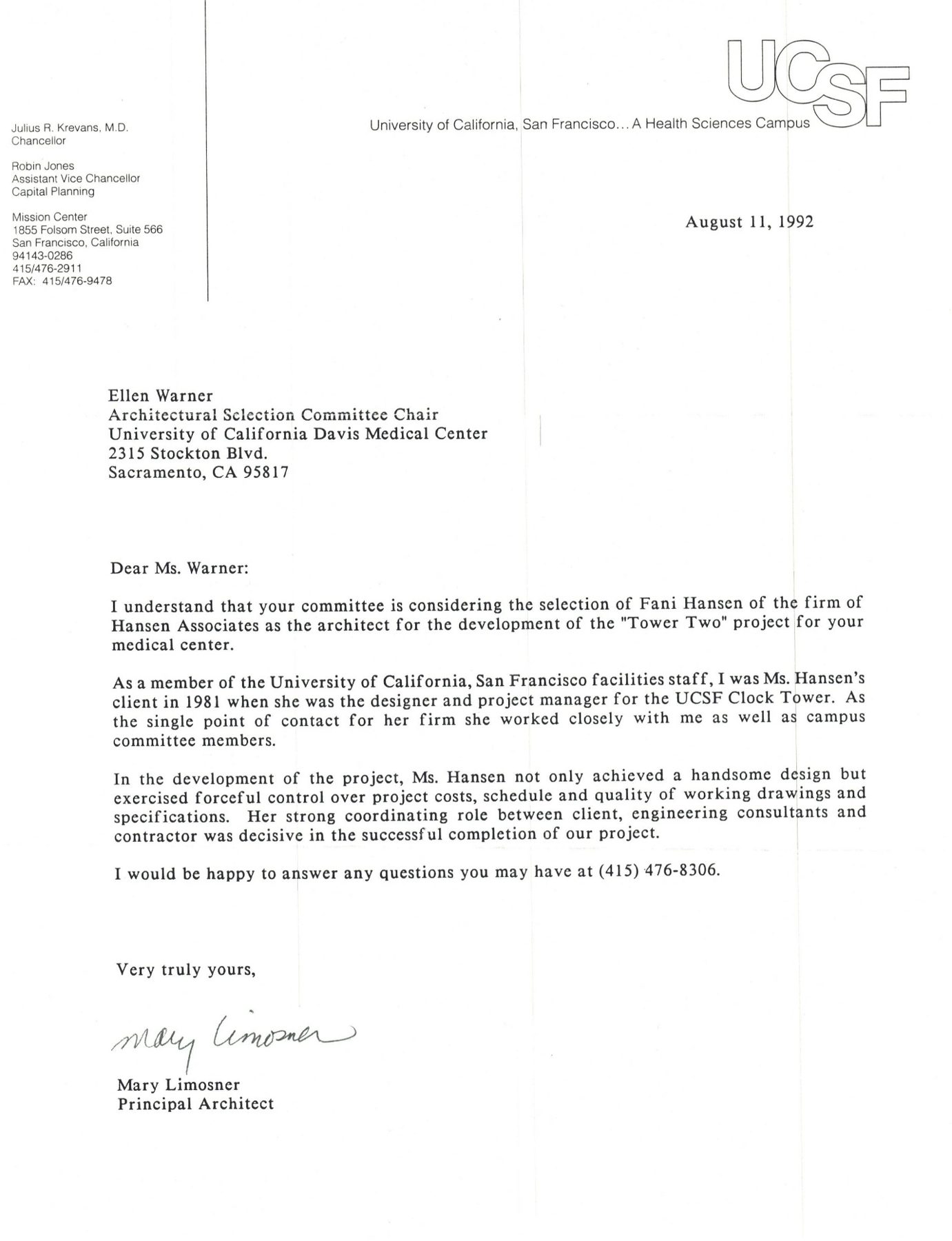 Letter to the Architect Selection Committee, UC Davis Medical Center, August 1992
